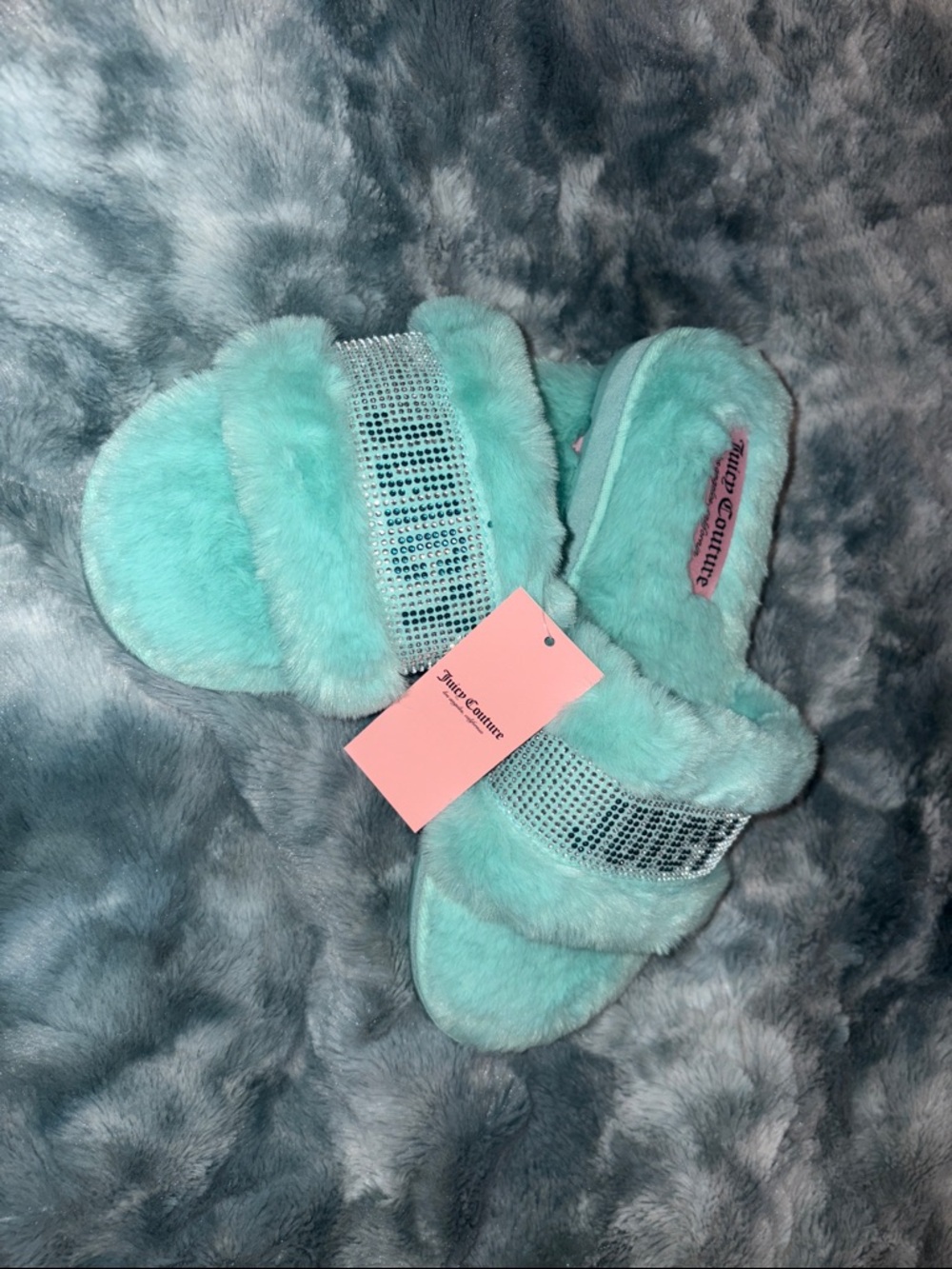 Juicy Couture Mint Aqua Faux Fur Rhinestone Slide Slippers